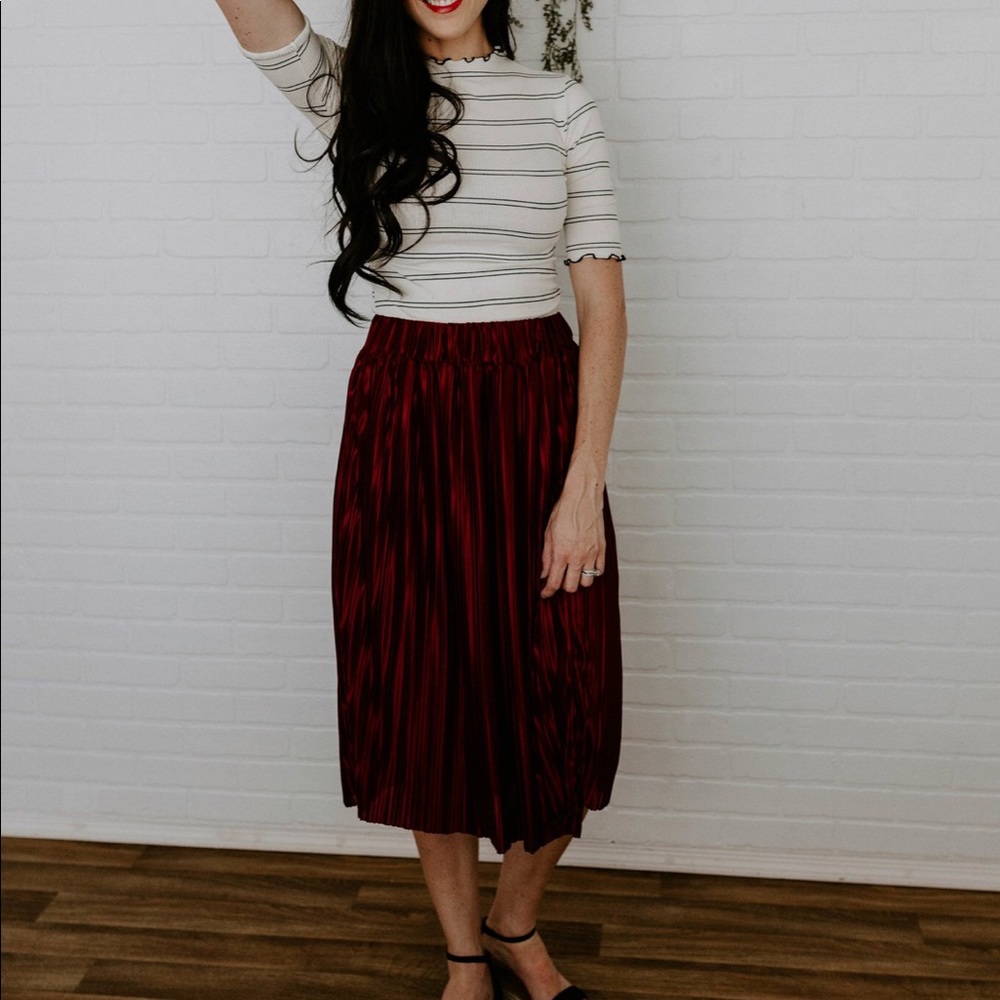 Boho Satin Wash Midi Skirt - Burgundy - Picture 3 of 8